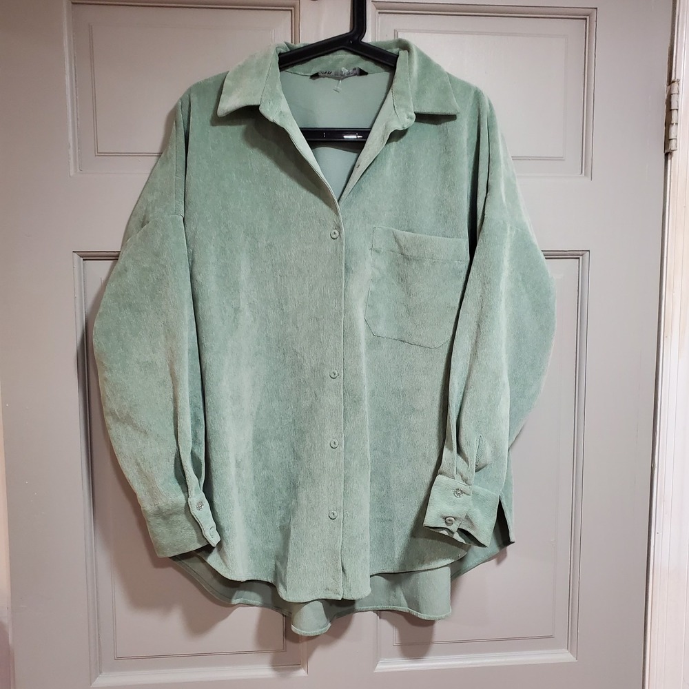 Zara Sage Green Corduroy Button Down Casual Shirt Size Size‎ Medium Long Sleeves